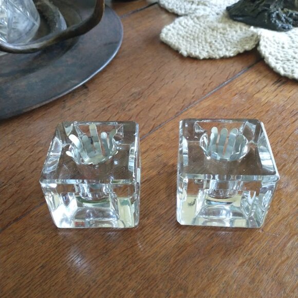 Candlestick Holders (2) Crystal Candlestick Holders Vintage Cube Shaped - Picture 2 of 2